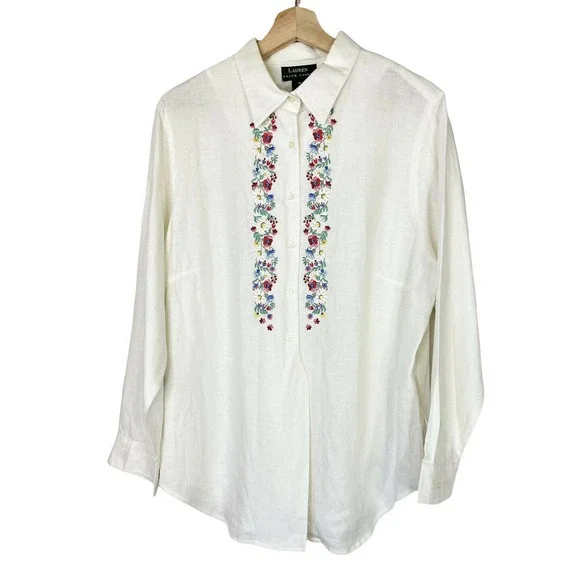 Lauren Ralph Lauren Plus Size 1X Floral Embroidered 100% Linen Button Blouse - Picture 1 of 5